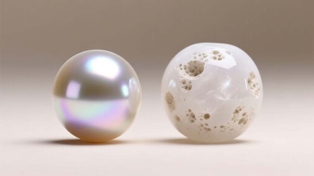 Macro shot comparing the iridescent surface of a freshwater pearl and the matte porous finish of a tumbled white howlite bead