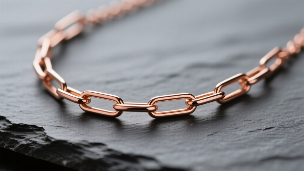 Close-up of 14k rose gold paper clip necklace on dark slate, showing elongated links and warm copper hue under soft lighting.