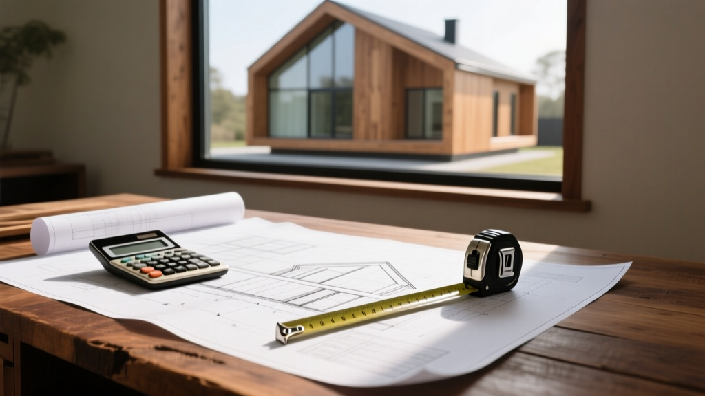 Blueprints on a wooden desk with a calculator and tape measure, showing modern wood house framing in the bright background
