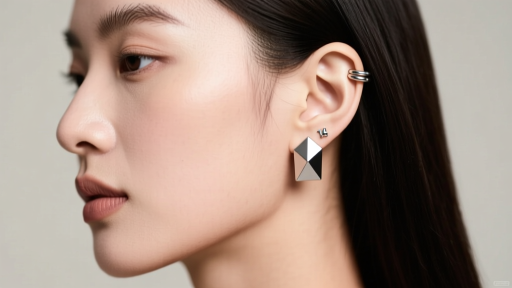 Side profile of a woman wearing a 14-gauge geometric ear cuff paired with a small modern huggie, showing a balanced cartilage stack.