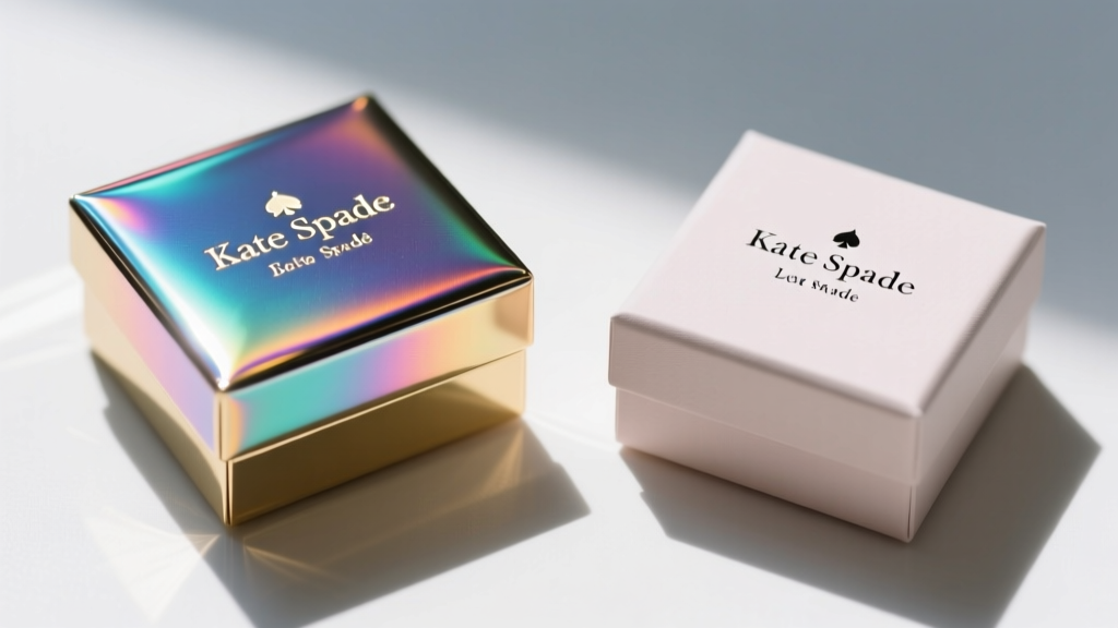 Side-by-side view of an authentic Kate Spade jewelry box with a crisp foil logo and a fake box with blurry, misaligned lettering