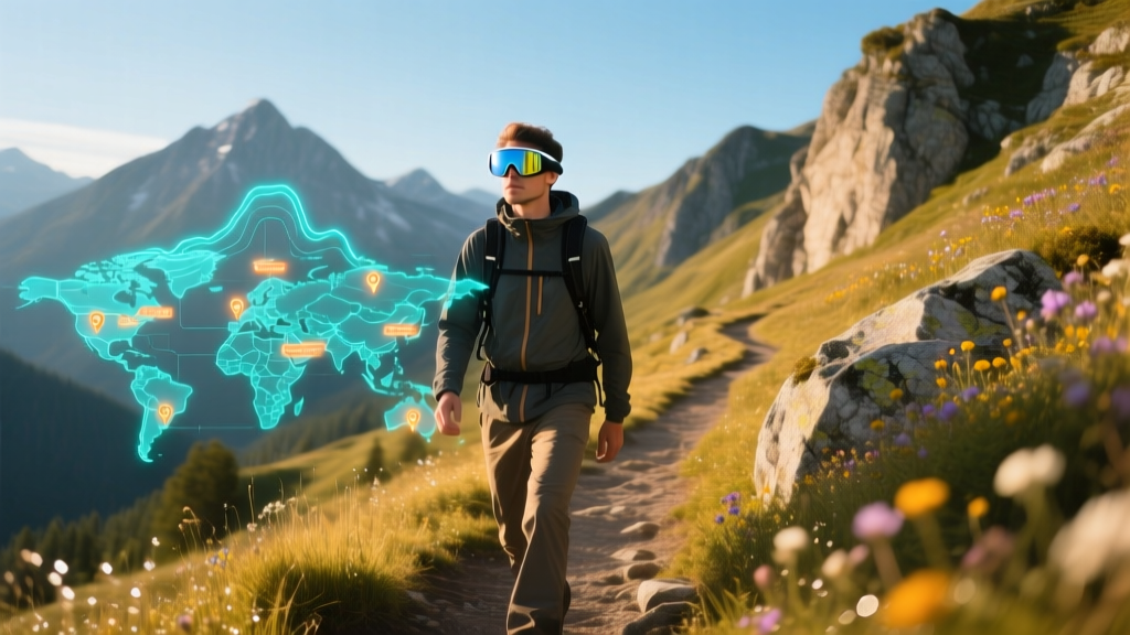 A hiker wearing polarized AR glasses on a sunlit mountain trail, viewing a digital topographic map overlaid on the physical landscape.