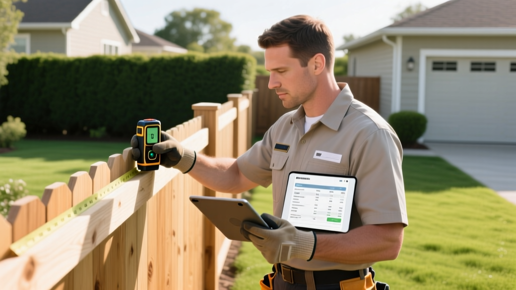 Contractor measuring a wooden fence line with a laser distance meter while reviewing cost estimates on a tablet in a suburban backyard