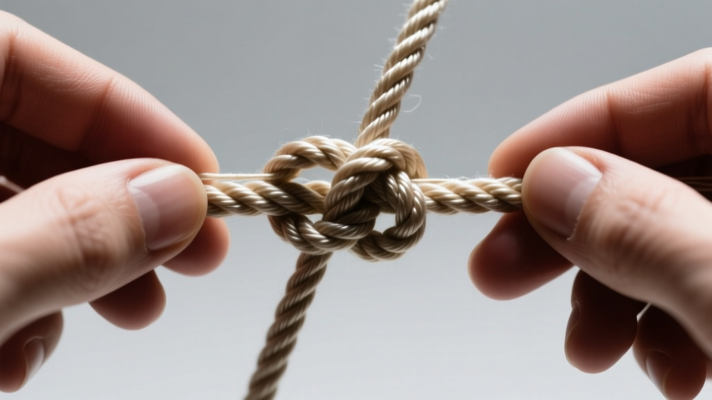 Hands tying a surgeon knot with waxed polyester sinew cord, showing the tight weave and waxy sheen under bright studio lighting.