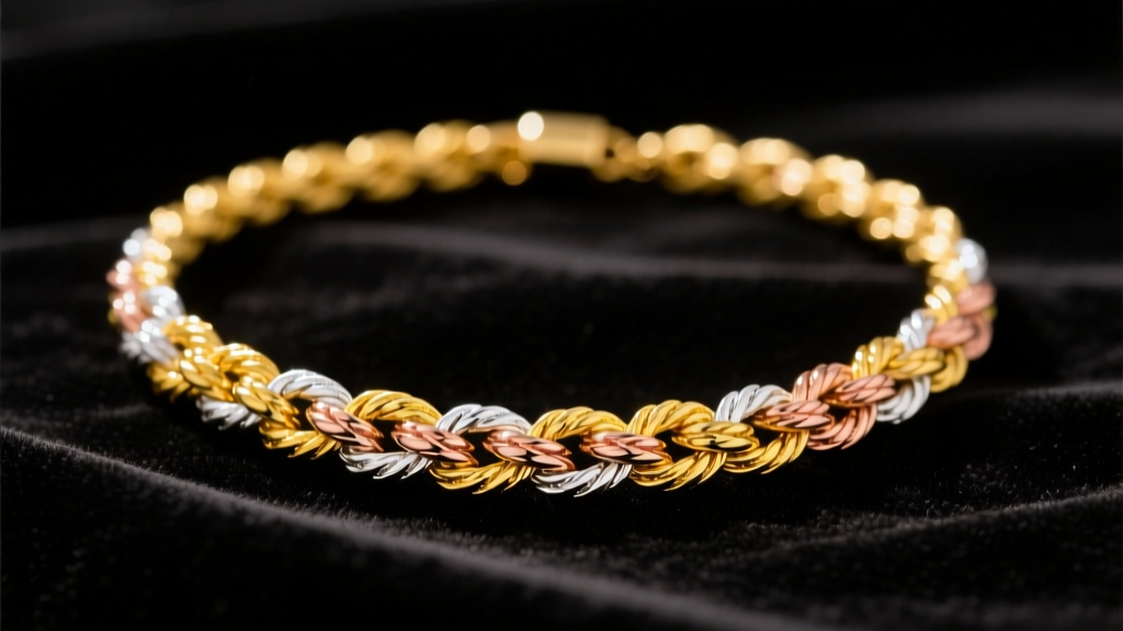 A 14k tri-color gold rope necklace on dark velvet, showing woven yellow, white, and rose gold links under warm studio lighting.