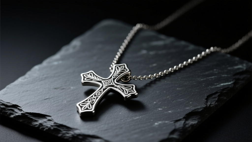 Silver double cross necklace on dark slate, showing engraved details, subtle patina, and soft moody studio lighting reflections.