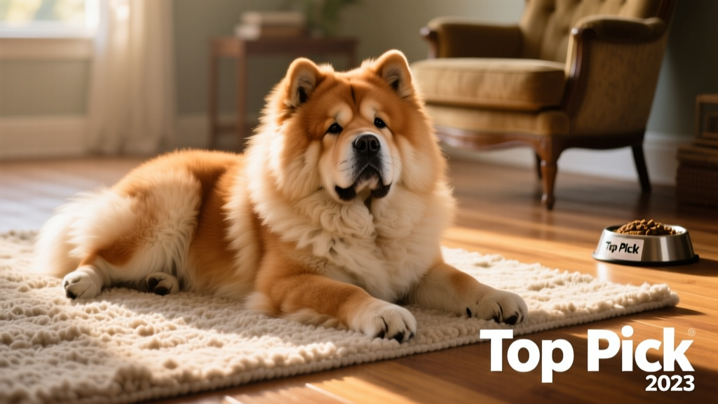 A relaxed Chow Chow resting on a sunlit rug, highlighting its plush double coat and calm expression