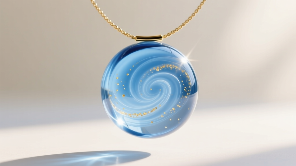 Translucent blue borosilicate glass orb necklace catching sunlight, revealing internal swirling patterns and suspended gold flakes.