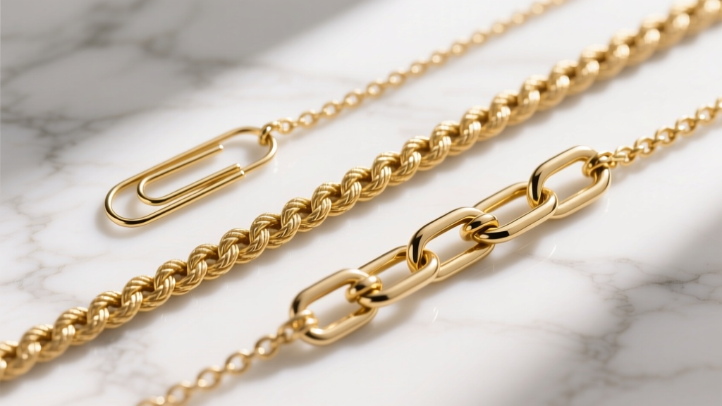 Three gold chains, including paperclip and rope styles, resting on white marble, shot from above for a jewelry stacking guide.