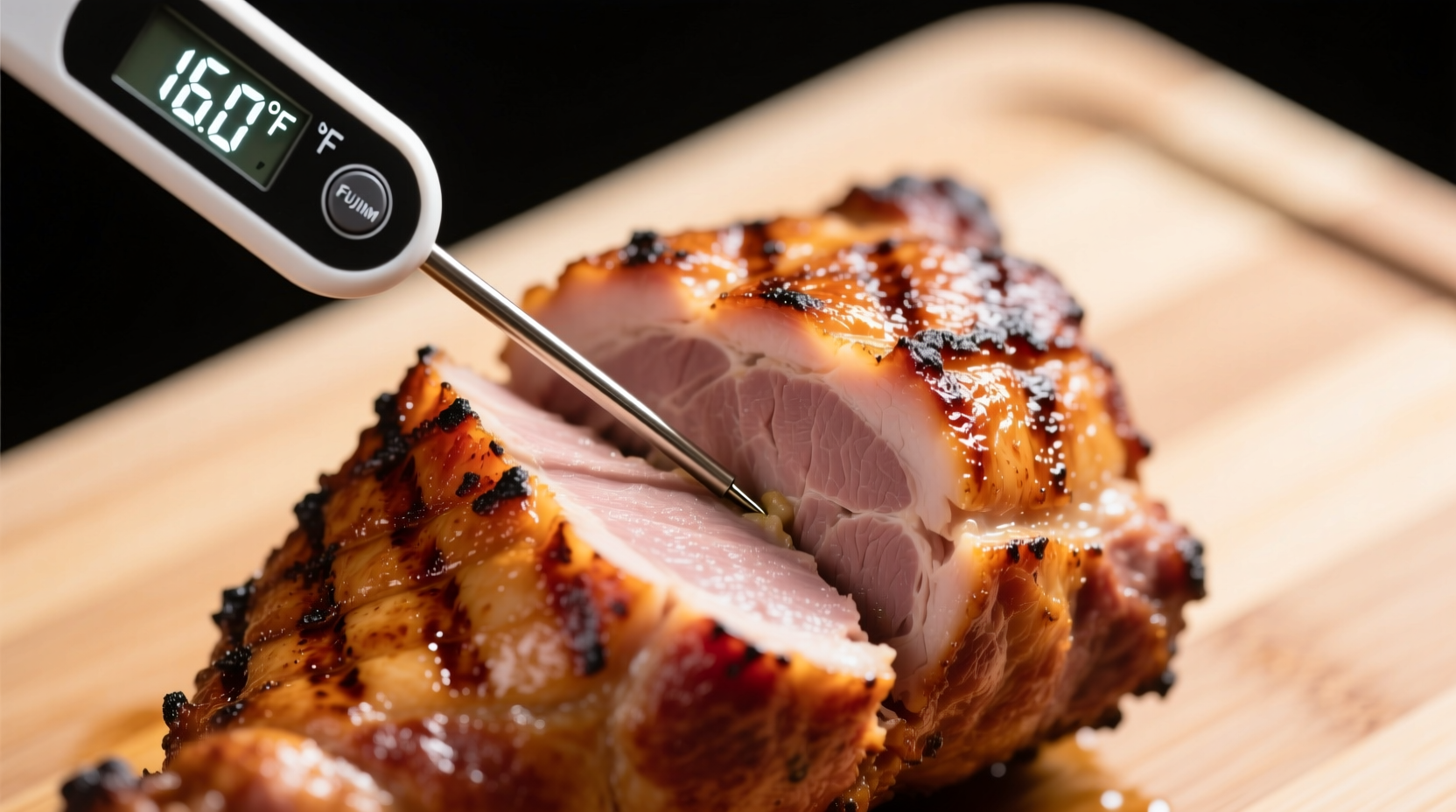 Thermometer checking internal temperature of cooked ham