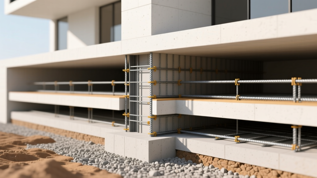 Architectural cross-section of spread, strip, and mat foundation footings on compacted gravel with detailed rebar reinforcement layouts.