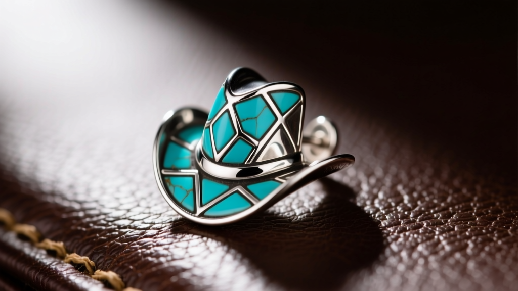Macro shot of a 925 sterling silver cowboy hat earring with vibrant turquoise inlay, resting on dark leather, sharp focus.