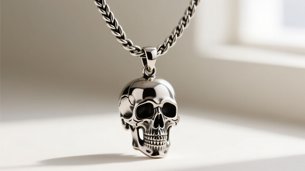 Macro shot of a 4mm oxidized silver wheat chain connecting to a gothic skull pendant, highlighting interlocking links and clasp.