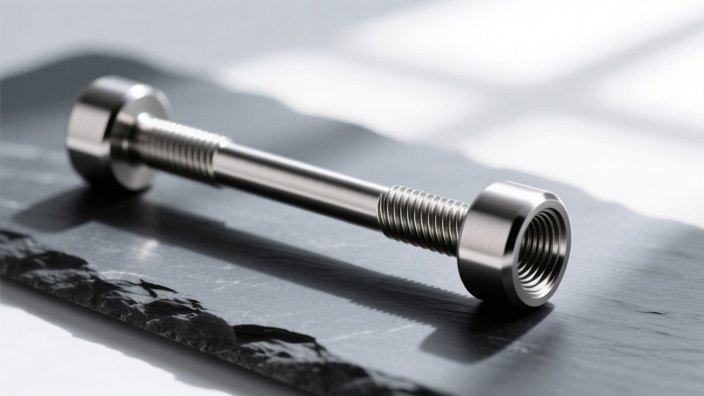 Close-up of a polished 14-gauge titanium industrial barbell resting on dark slate, highlighting its internally threaded ends.