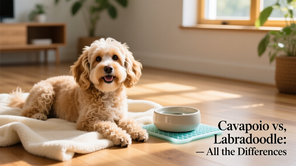 A smiling Cavapoo resting on a soft blanket beside a water bowl and cooling mat