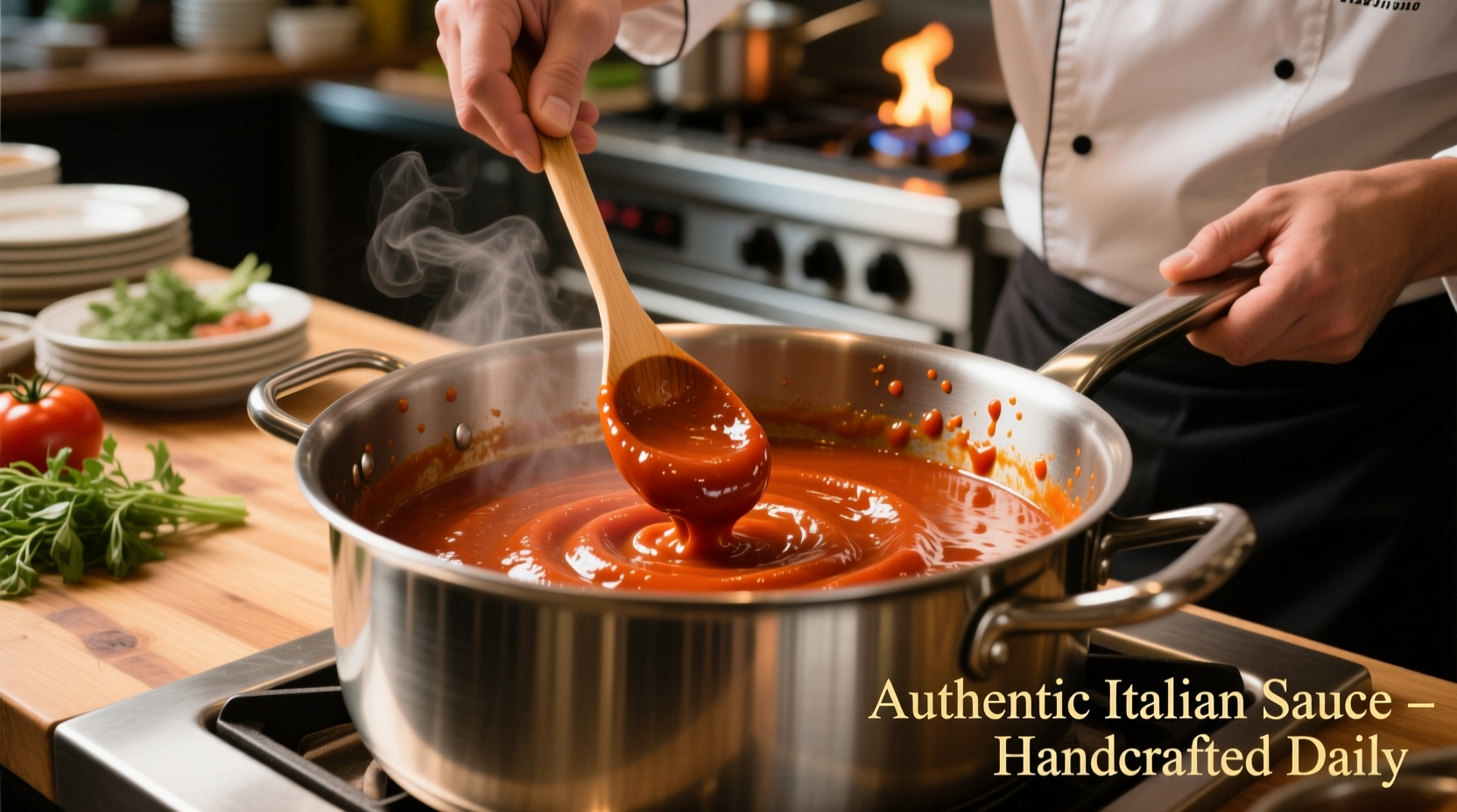 Chef adjusting tomato sauce consistency in stainless steel pot