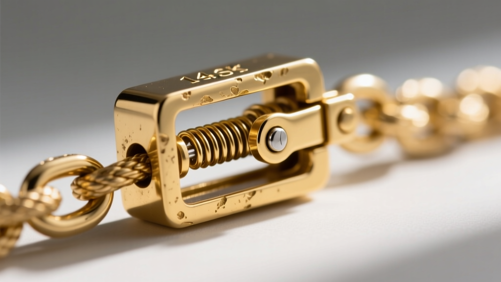 Macro photography of a stuck 14k gold box clasp mechanism on a hollow rope chain, showing the internal spring tension wire.