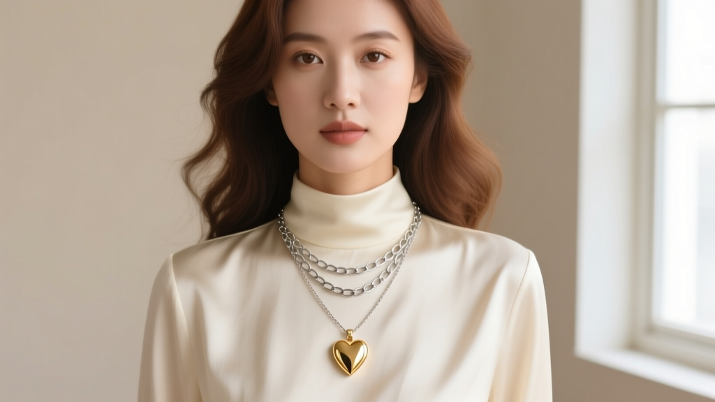 Woman wearing a layered linked heart necklace over cream silk, showcasing a 16-inch choker and 18-inch pendant drop.