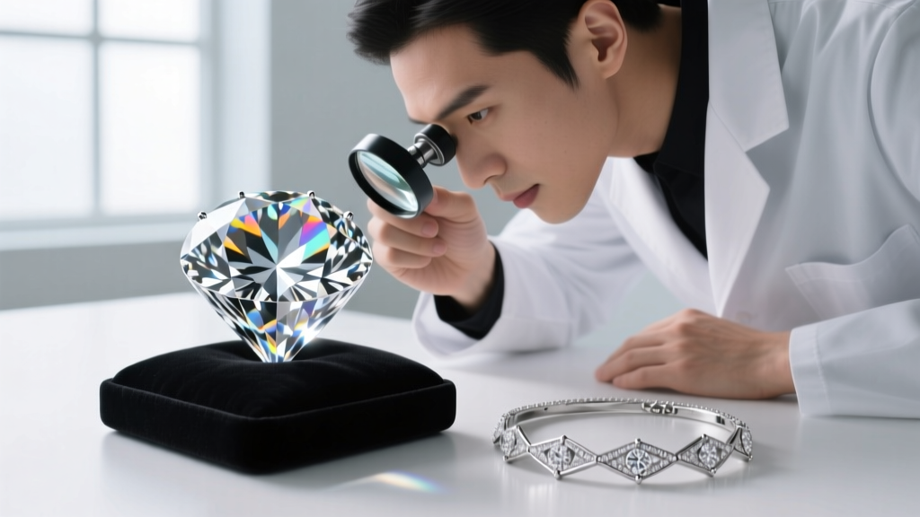Jeweler using a loupe to inspect a large D-color flawless diamond destined for a custom high-carat platinum necklace setting