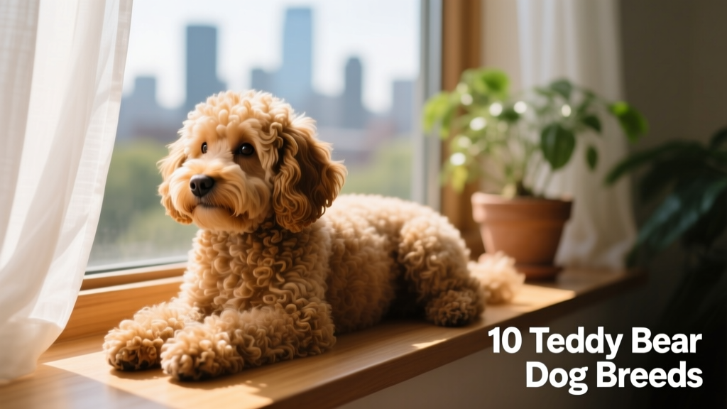 A fluffy Cavapoo resting on a sunlit windowsill, showing off its curly coat and gentle expression