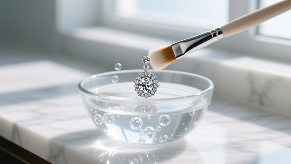 Soft brush gently cleaning a diamond pave earring in a glass bowl of soapy water, illuminated by bright natural window light.