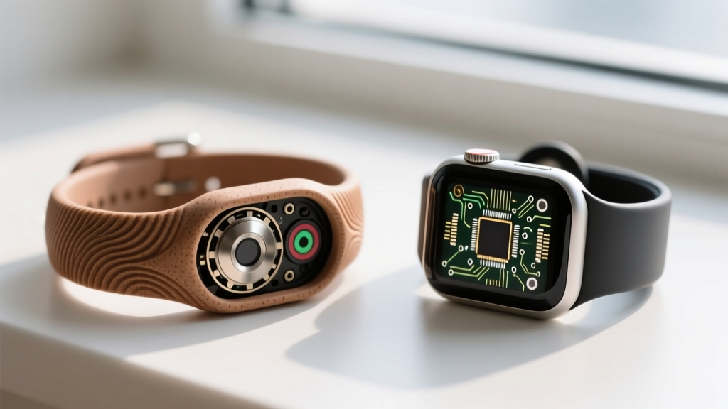 Macro shot comparing the haptic motor housing of an indie wellness wristband against the optical sensors of a mainstream smartwatch.