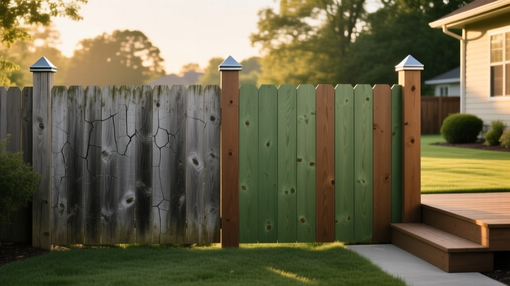 Side-by-side comparison of weathered cedar and fresh pressure-treated pine fence panels with metal post caps in a suburban backyard