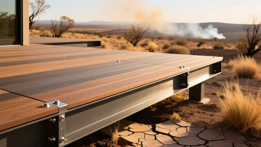 Mineral-based composite deck boards installed over steel framing with stainless steel hidden fasteners in a dry wildfire zone