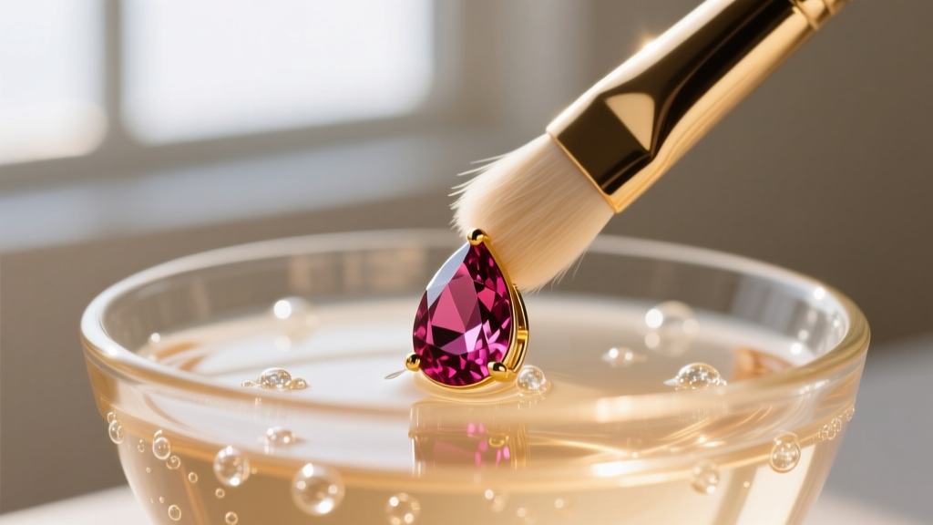 Soft brush gently cleaning a ruby drop earring in a glass bowl of warm soapy water, illuminated by bright natural window lighting.