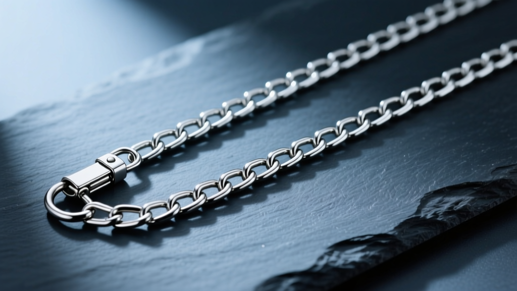 Macro shot of a 1.2mm stainless steel rolo chain with a secure lobster clasp and a 2-inch extender, laid flat on dark slate.