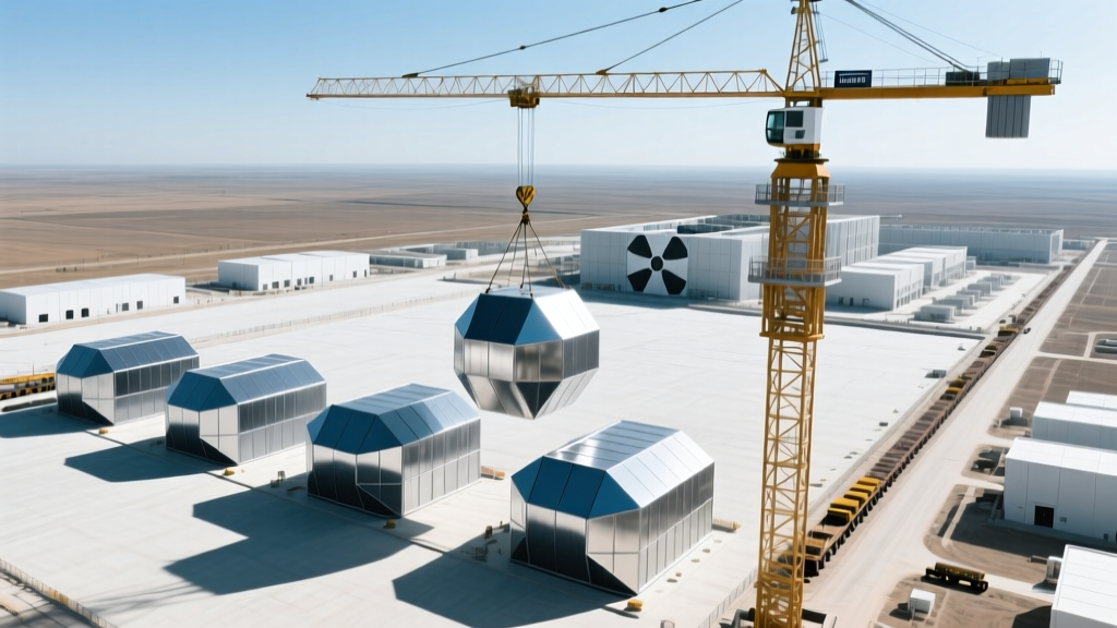 Aerial view of a modern small modular reactor construction site with prefabricated steel containment modules being lifted by a heavy crane