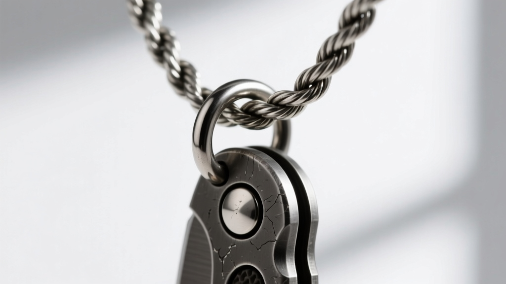 Macro shot of 3mm oxidized silver rope chain threaded through a 16-gauge steel jump ring on a heavy tactical push knife pendant.