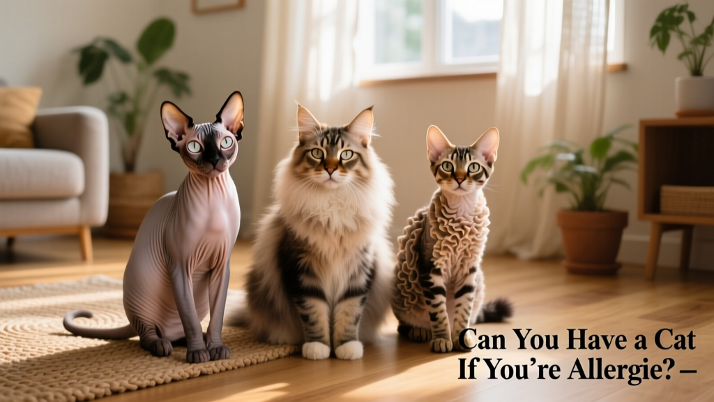 Three cats side by side: a sleek Sphynx, a fluffy Siberian, and a wavy-coated Devon Rex