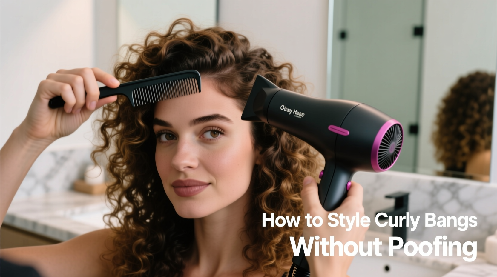 how to style curly bangs without making them poofy using diffuser techniques