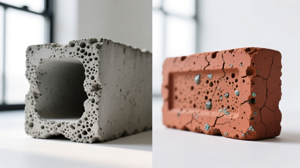 Split-screen macro photography showing the porous aggregate texture of a gray concrete masonry unit next to a red clay brick