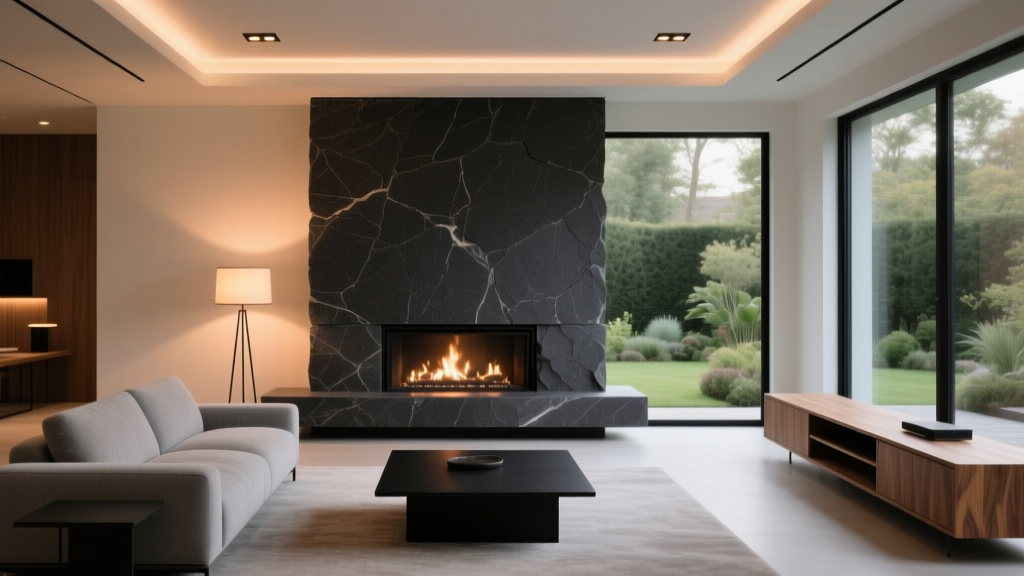 Modern living room featuring a dark charcoal manufactured ledgestone veneer fireplace surround with warm ambient lighting