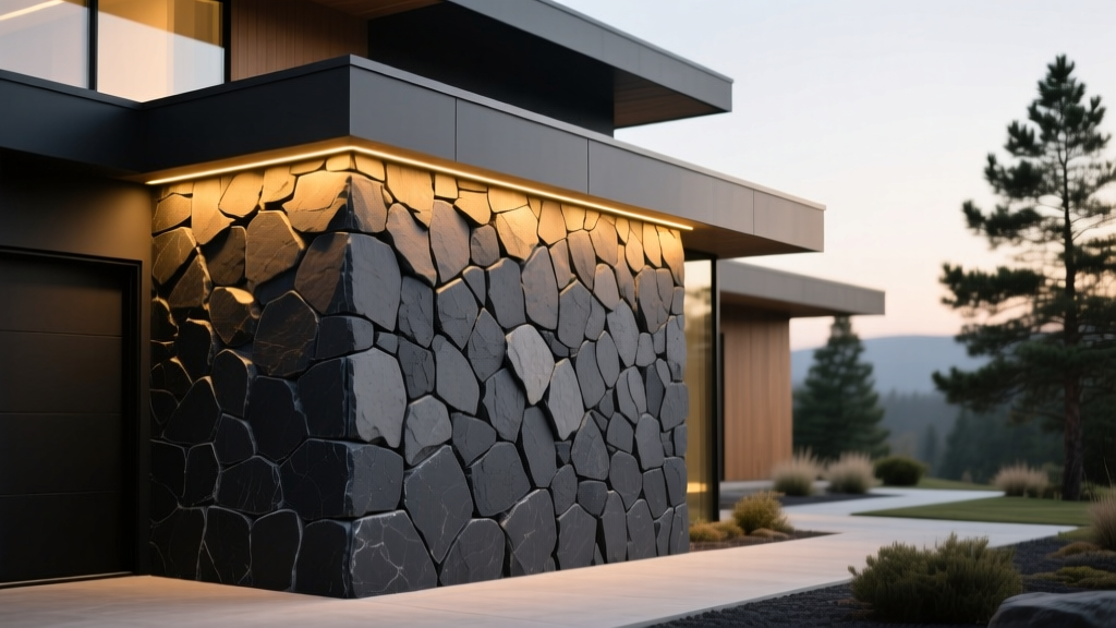 Exterior modern home facade featuring dark charcoal natural lava stone veneer installed in a random ashlar pattern with warm LED uplighting