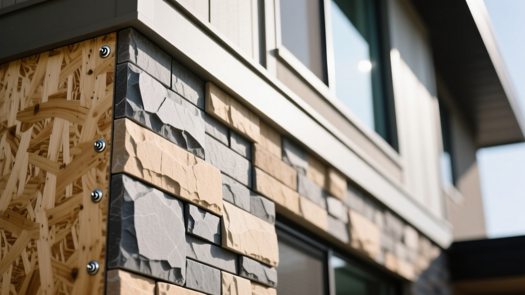 Interlocking polyurethane panel stone veneer in ledgerock profile secured to exterior OSB sheathing with stainless steel screws