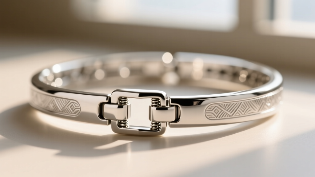 Macro shot of a hinged sterling silver open choker necklace clasp mechanism, showing the secure push-button release detail.