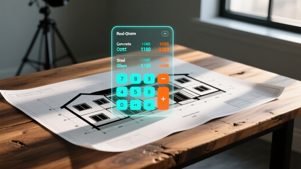 Architectural blueprint of a four-unit quadplex building overlaid with a digital calculator and material cost estimates on a wooden desk