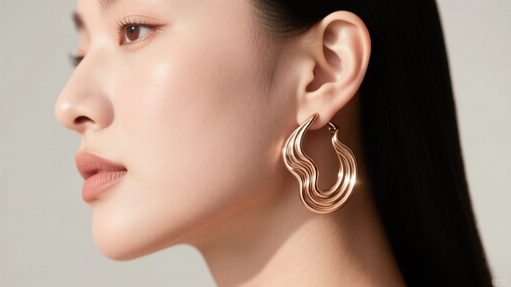 Side profile of woman with round face wearing medium 18k rose gold wavy hoops, showing how curves elongate the jawline.