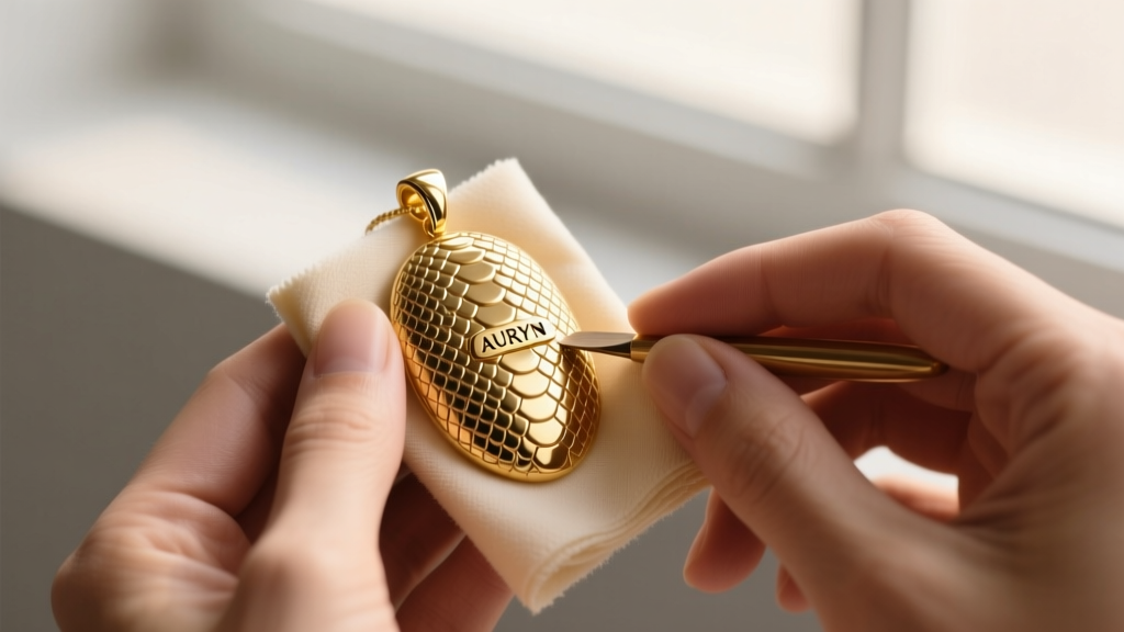 Hands polishing a gold AURYN pendant with a soft cloth, revealing intricate snake scale textures and a bright metallic shine.