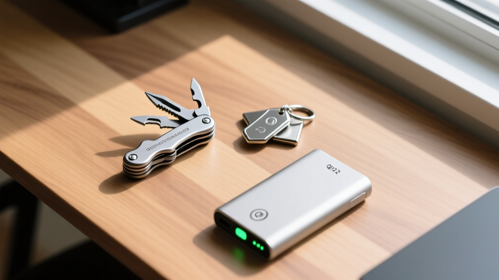 Overhead flat-lay of everyday carry tech gadgets including a smart multi-tool, magnetic Qi2 power bank, and tracking tags on a wooden desk.