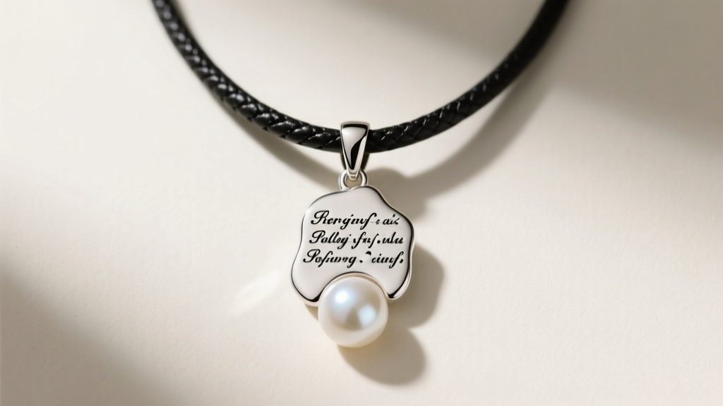 Flat lay of a sterling silver lyric-engraved pendant attached to a black leather cord featuring a single white baroque pearl.