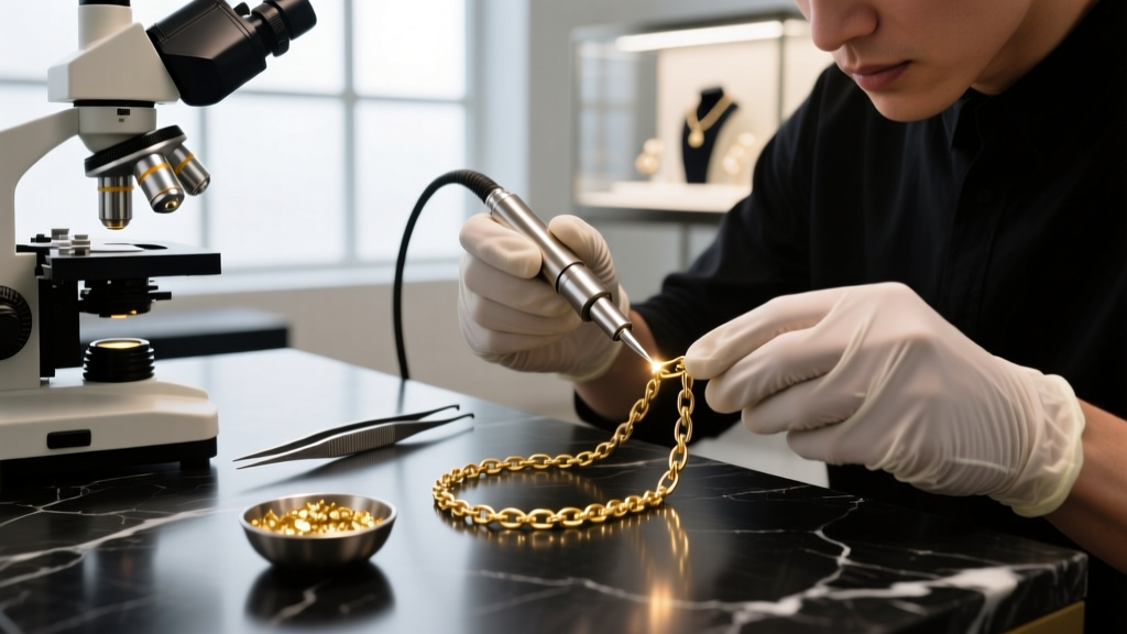 Jeweler using a laser welder to fix a broken 14k gold box chain, with a microscope and fine tweezers visible in the foreground.