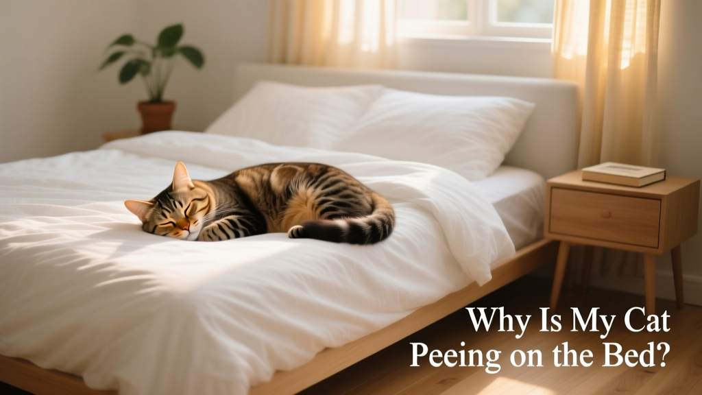 Happy cat sleeping peacefully beside a clean, inviting bed—no signs of soiling