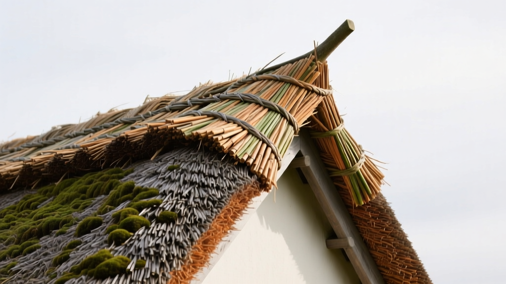 Tightly bundled Norfolk water reed thatch on a steeply pitched roof, showing detailed texture and ridge cresting against an overcast sky