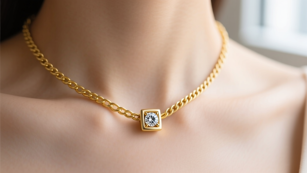 Close-up of a 14k yellow gold cable chain with a 0.25ct bezel-set diamond charm resting gently on a collarbone.