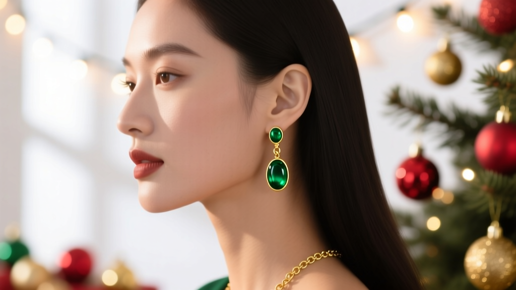 Side profile of a woman wearing 18k gold vermeil emerald drop earrings against a softly blurred festive holiday backdrop.