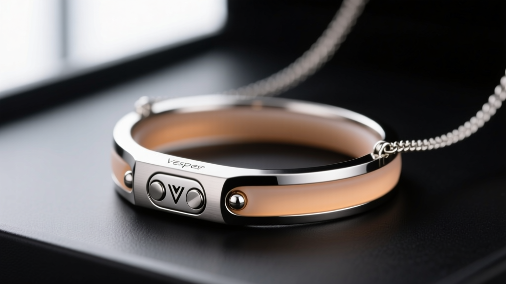 Macro shot of Vesper necklace magnetic charging pins and titanium casing, showing the seamless waterproof silicone gasket seal.